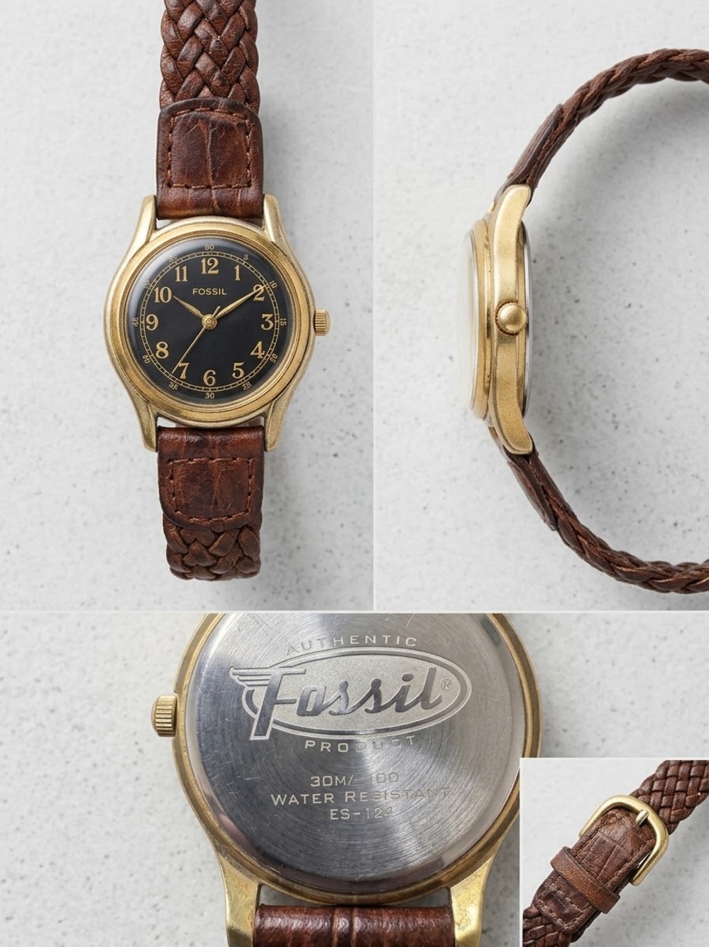 Vintage Fossil Black Dial Braided Brown Leather Watch ES-124
